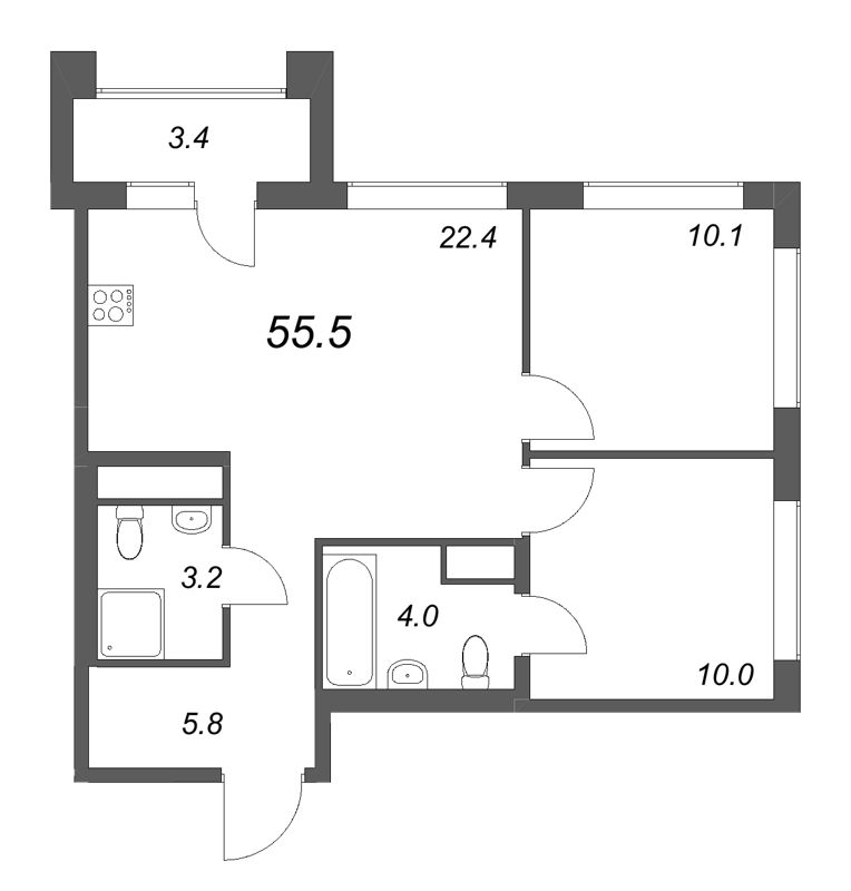 3-комнатная (Евро) квартира, 55.5 м² в ЖК "Гений" - планировка, фото №1