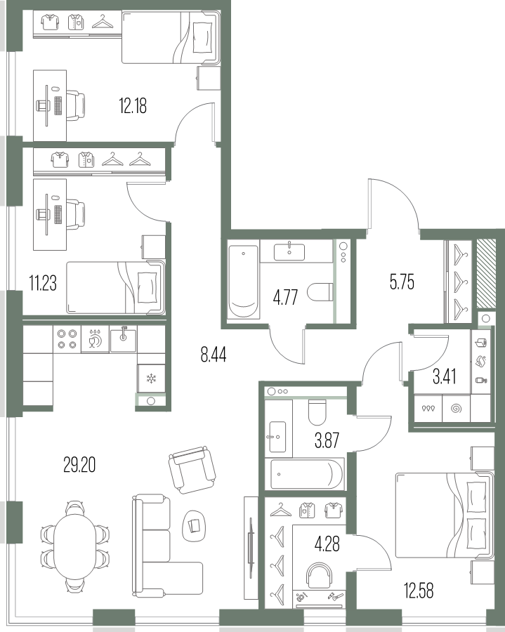 4-комнатная (Евро) квартира, 95.71 м² в ЖК "Легенда у моря" - планировка, фото №1
