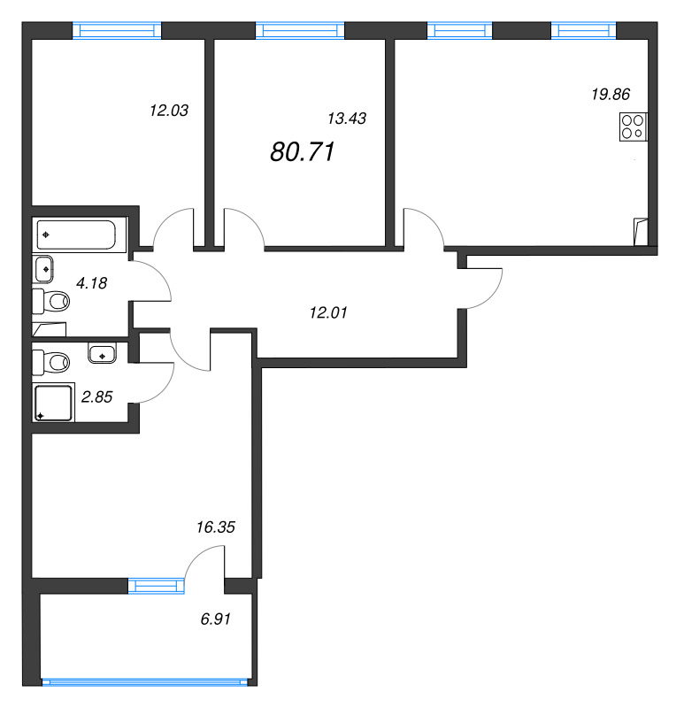 4-комнатная (Евро) квартира, 80.71 м² в ЖК "Любоград" - планировка, фото №1