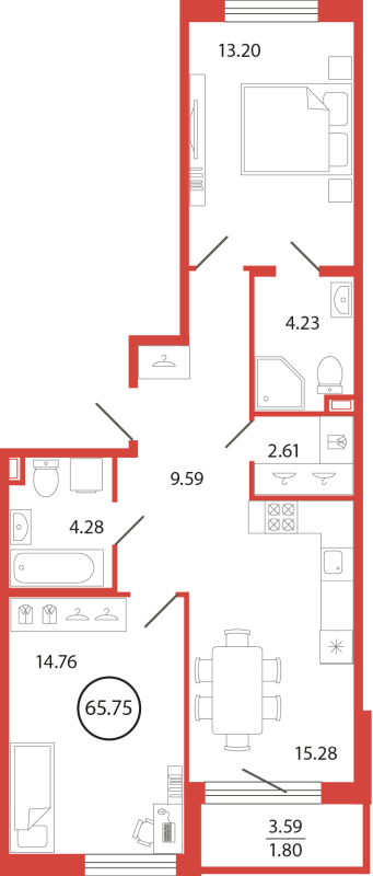 3-комнатная (Евро) квартира, 65.75 м² в ЖК "Энфилд" - планировка, фото №1