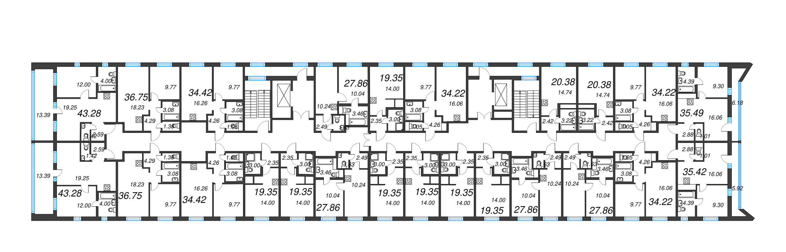 2-комнатная (Евро) квартира, 34.42 м² - планировка этажа