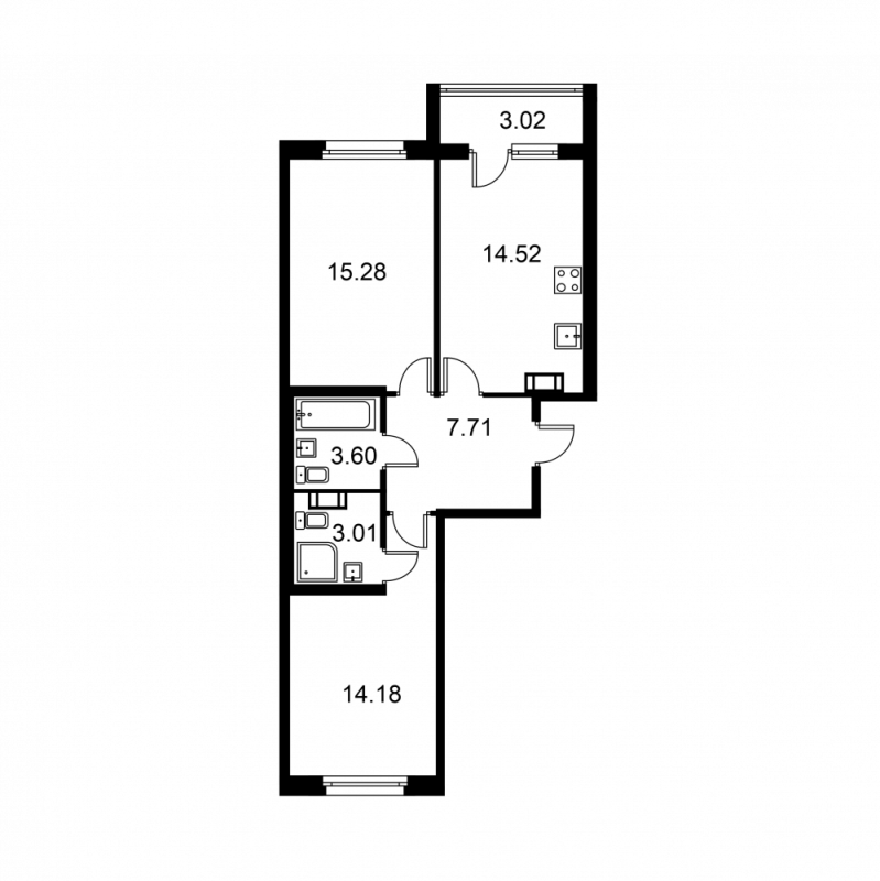2-комнатная квартира, 59.64 м² в ЖК "Квартал Заречье" - планировка, фото №1