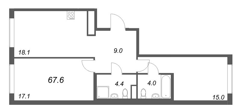 3-комнатная (Евро) квартира, 67.6 м² в ЖК "Гений" - планировка, фото №1