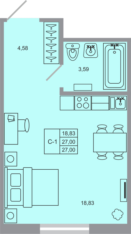 Квартира-студия, 27 м² - планировка, фото №1