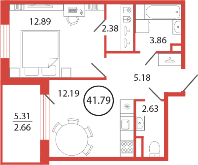 1-комнатная квартира, 41.79 м² - планировка, фото №1