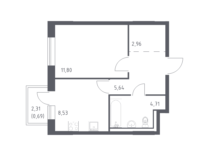 1-комнатная квартира, 34.33 м² в ЖК "Квартал Лаголово" - планировка, фото №1