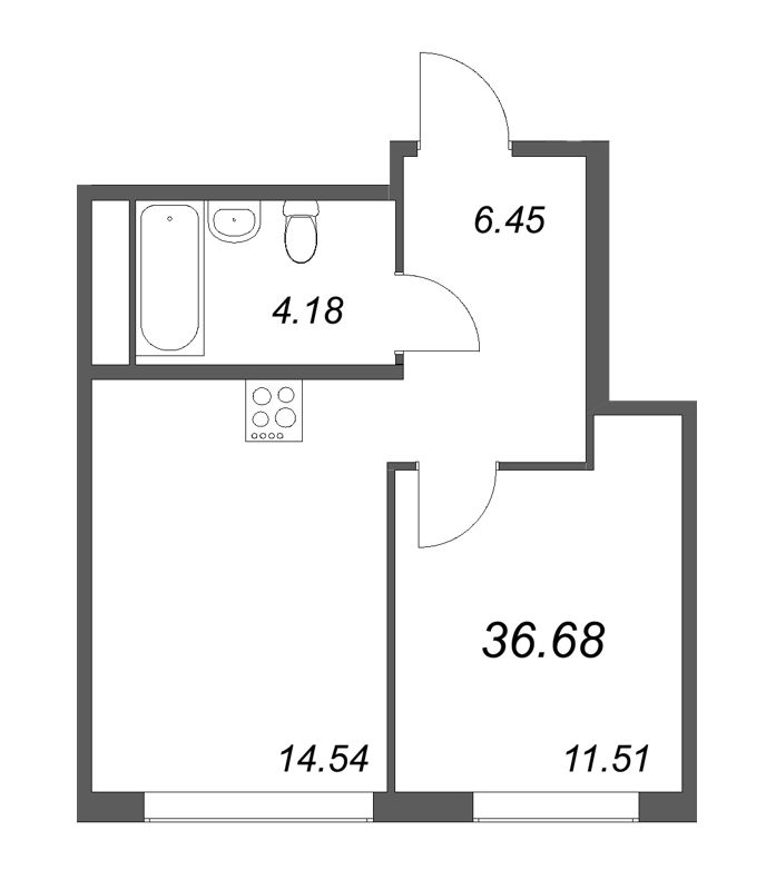1-комнатная квартира, 36.68 м² - планировка, фото №1