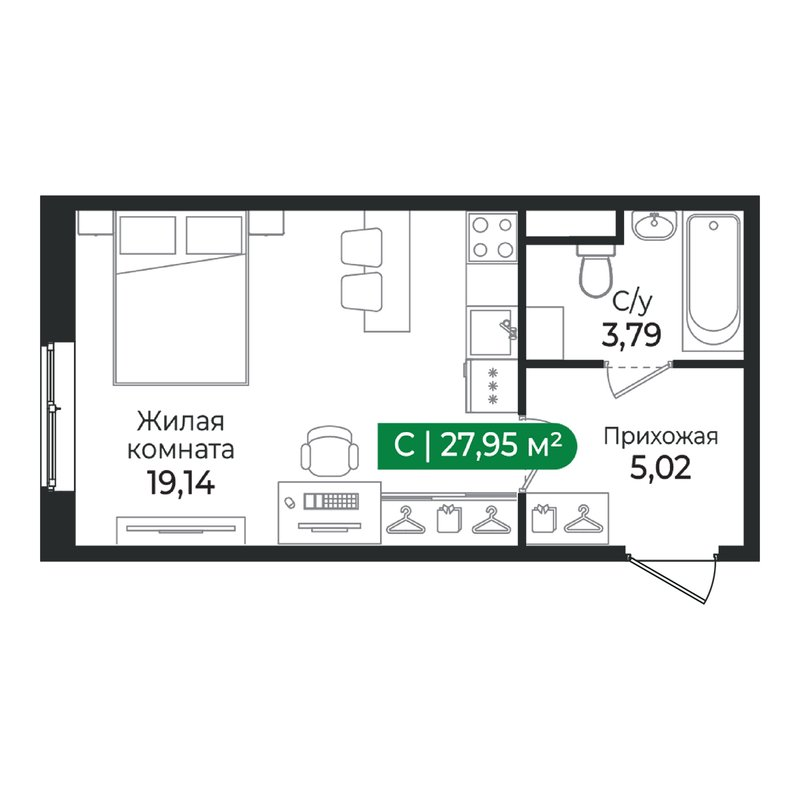 Квартира-студия, 27.95 м² в ЖК "Сертолово Парк" - планировка, фото №1