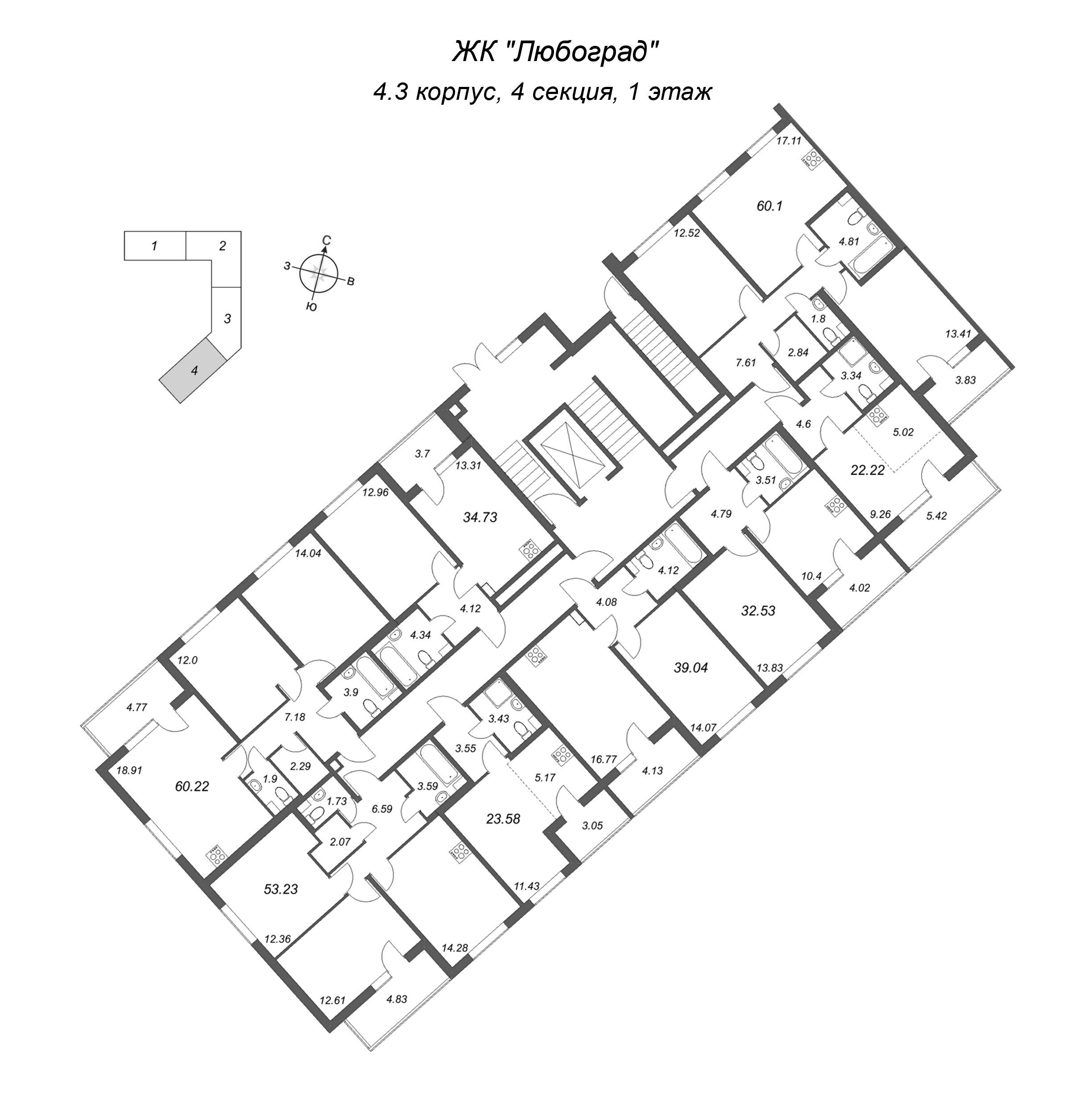 Квартира-студия, 22.22 м² в ЖК "Любоград" - планировка этажа