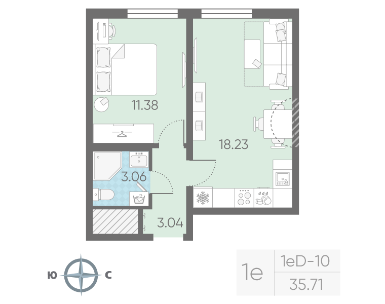 2-комнатная (Евро) квартира, 35.71 м² в ЖК "Морская миля" - планировка, фото №1
