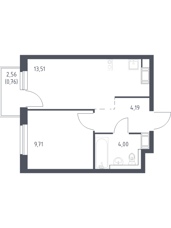 1-комнатная квартира, 32.17 м² - планировка, фото №1