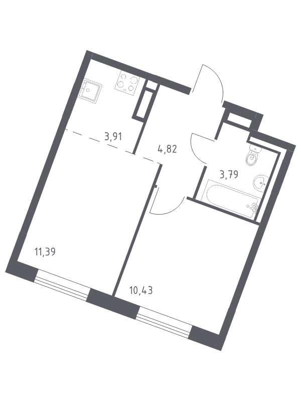 2-комнатная (Евро) квартира, 34.34 м² в ЖК "Квартал Лаголово" - планировка, фото №1