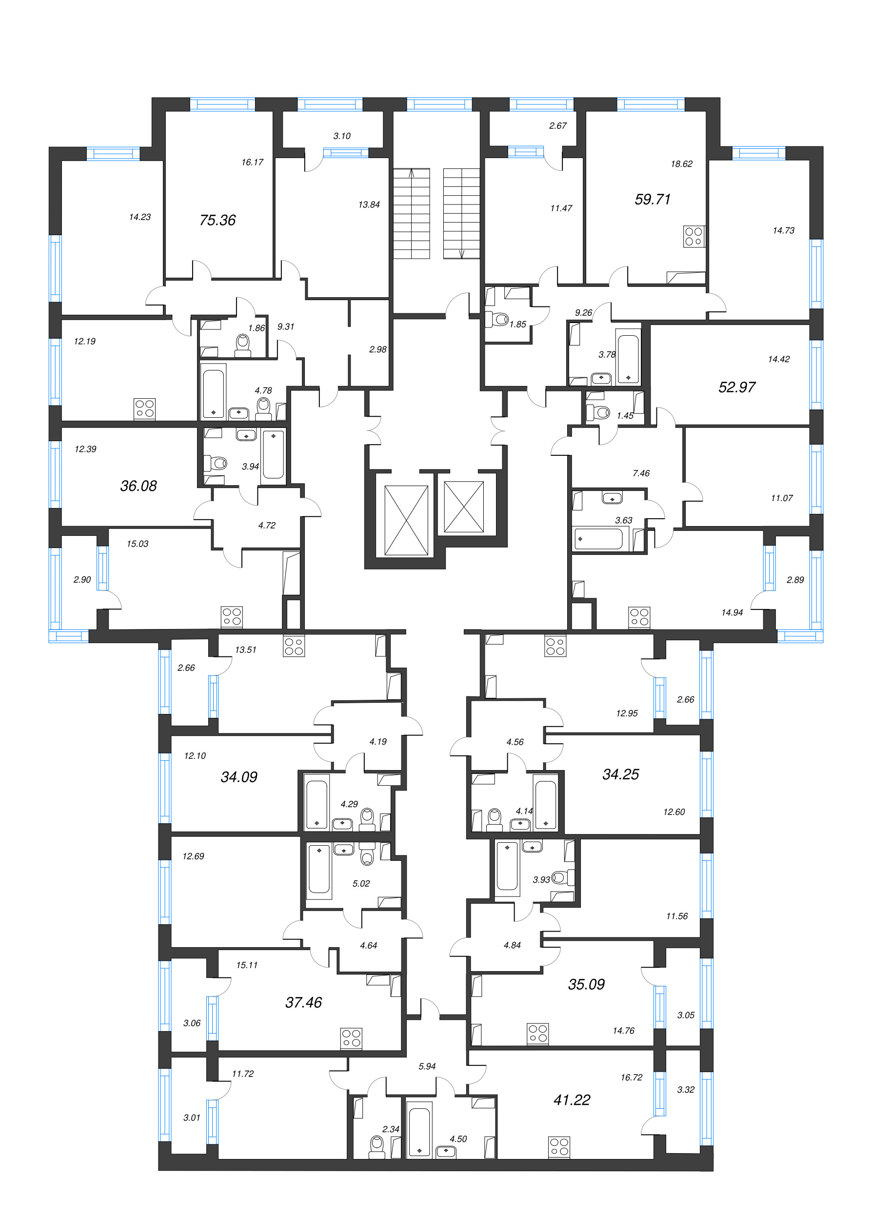 2-комнатная (Евро) квартира, 35.09 м² - планировка этажа