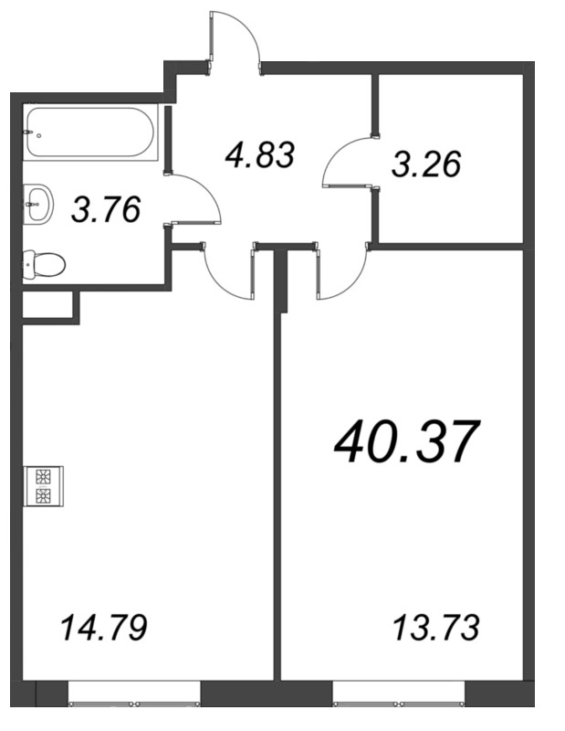 2-комнатная (Евро) квартира, 40.37 м² - планировка, фото №1