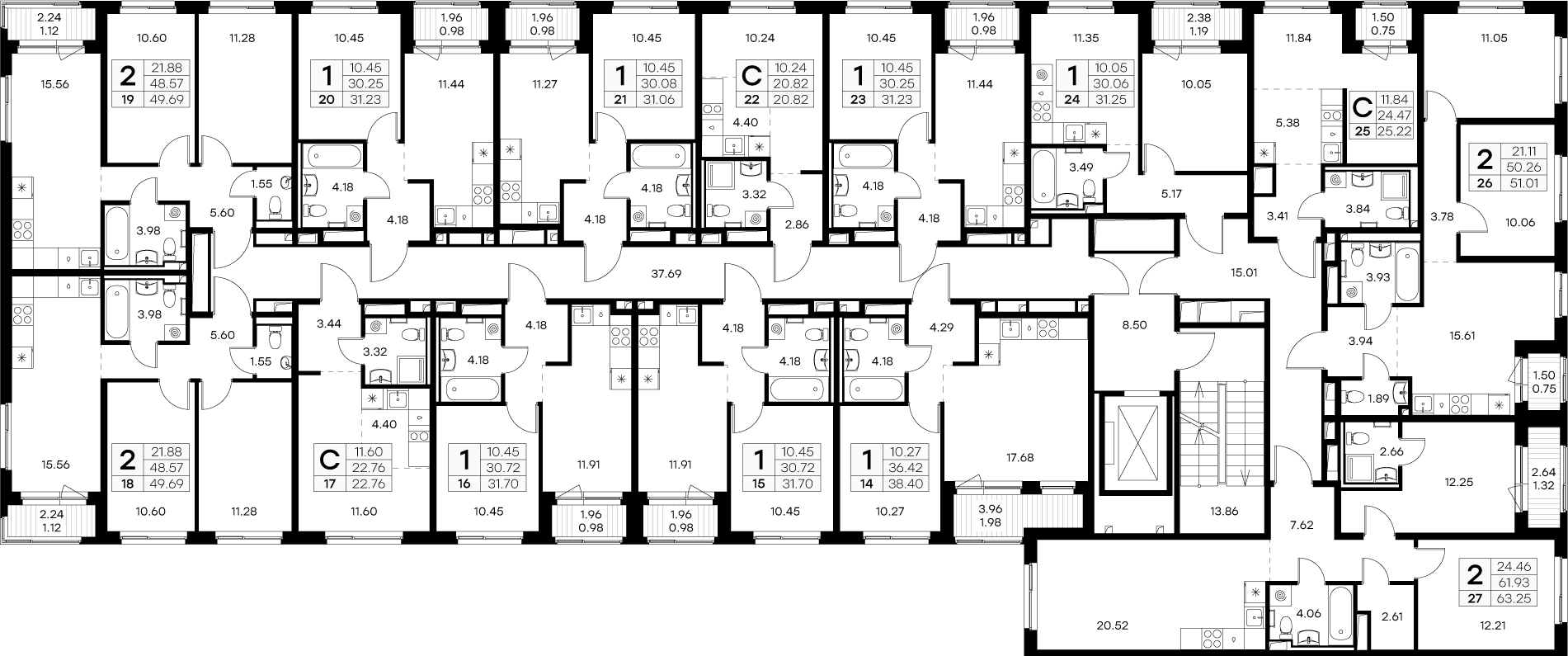 3-комнатная (Евро) квартира, 49.69 м² в ЖК "GloraX Новоселье" - планировка этажа