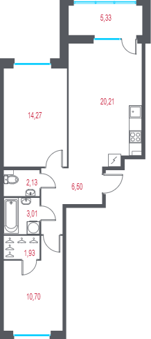 3-комнатная (Евро) квартира, 60.35 м² - планировка, фото №1