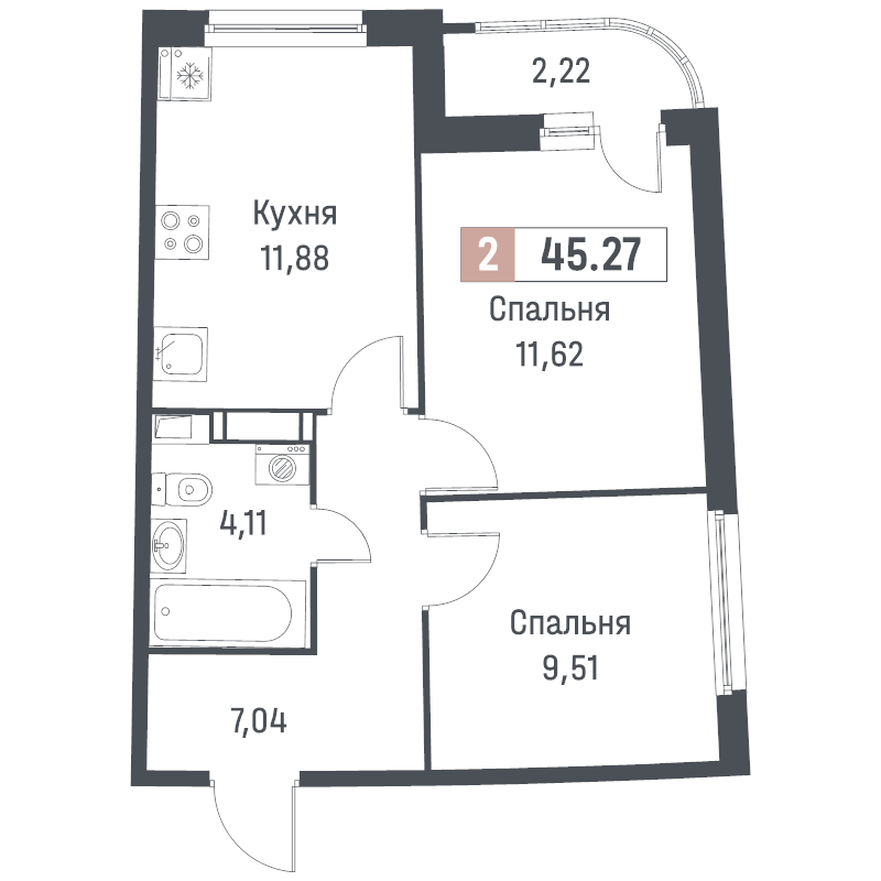 2-комнатная квартира, 45.27 м² в ЖК "Авиатор" - планировка, фото №1