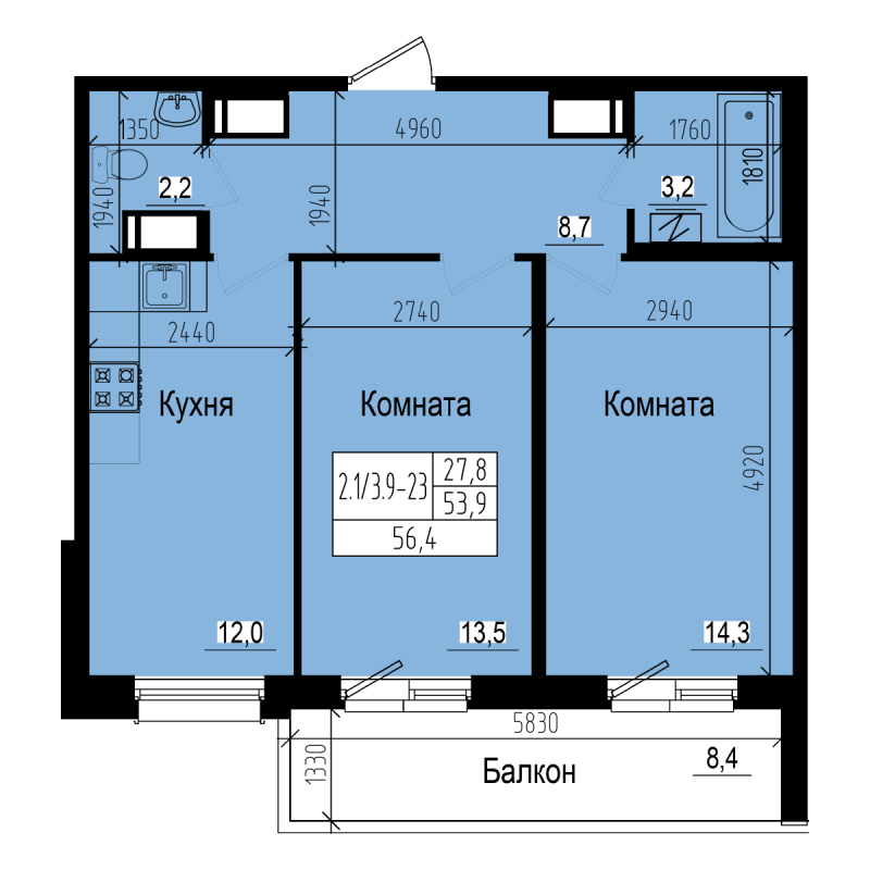 2-комнатная квартира, 56.4 м² - планировка, фото №1