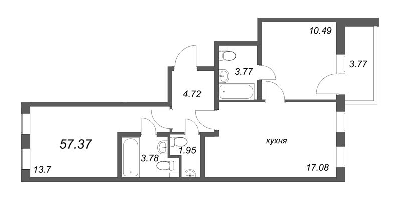 3-комнатная (Евро) квартира, 57.37 м² в ЖК "AEROCITY Club" - планировка, фото №1