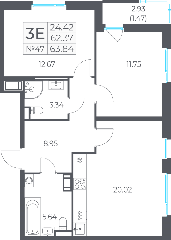 3-комнатная (Евро) квартира, 63.84 м² в ЖК "Город-спутник Южный" - планировка, фото №1