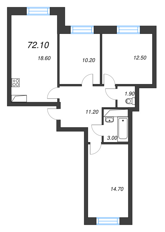 4-комнатная (Евро) квартира, 72.1 м² - планировка, фото №1