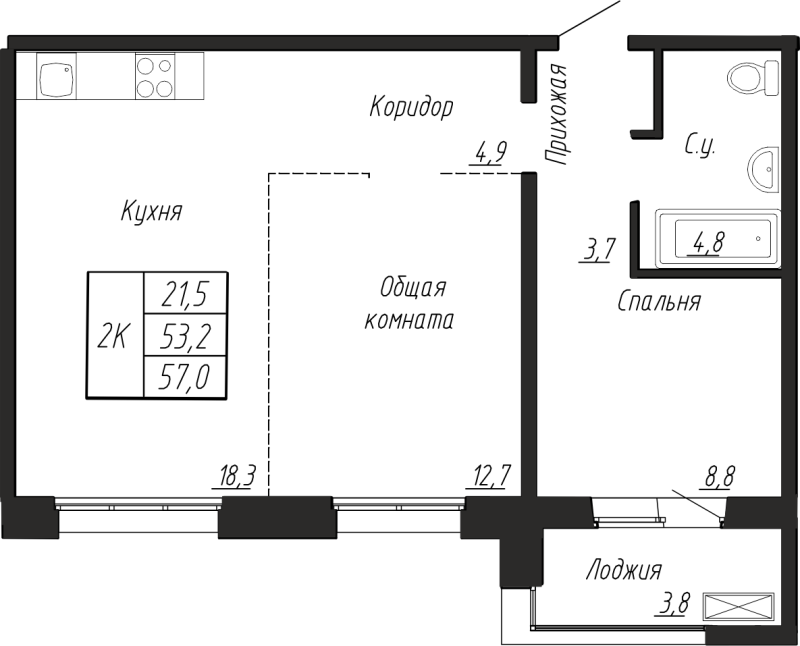 3-комнатная (Евро) квартира, 57 м² в ЖК "Сибирь" - планировка, фото №1