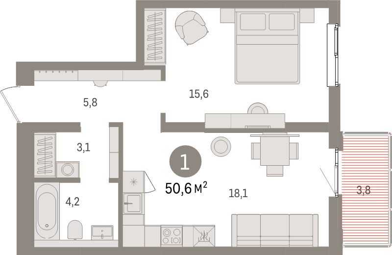 2-комнатная (Евро) квартира, 50.6 м² в ЖК "Брусника в Новоселье" - планировка, фото №1