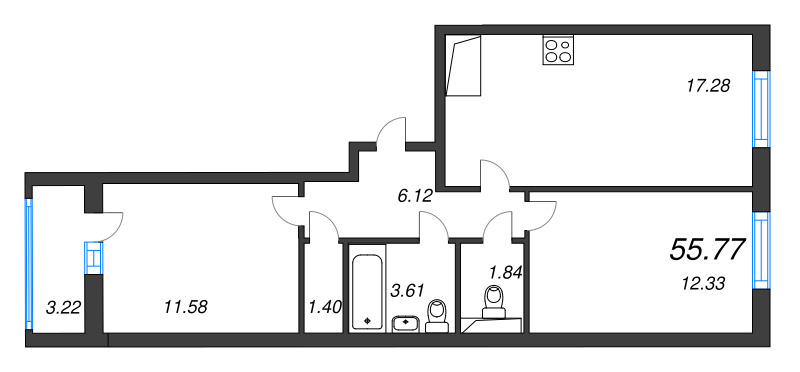 3-комнатная (Евро) квартира, 55.77 м² - планировка, фото №1