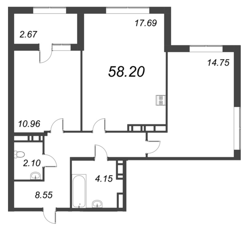 3-комнатная (Евро) квартира, 58.2 м² в ЖК "Б15" - планировка, фото №1