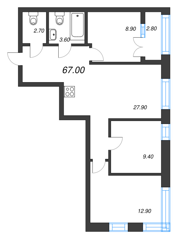 4-комнатная (Евро) квартира, 67 м² в ЖК "Новый Питер" - планировка, фото №1