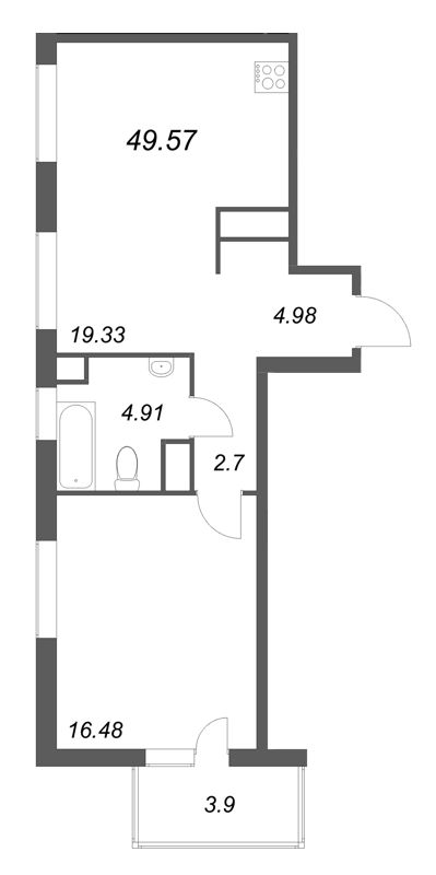 2-комнатная (Евро) квартира, 49.57 м² в ЖК "Talento" - планировка, фото №1