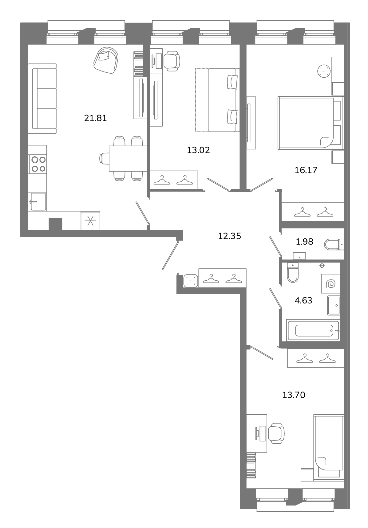 4-комнатная (Евро) квартира, 83.66 м² в ЖК "Твой космос" - планировка, фото №1