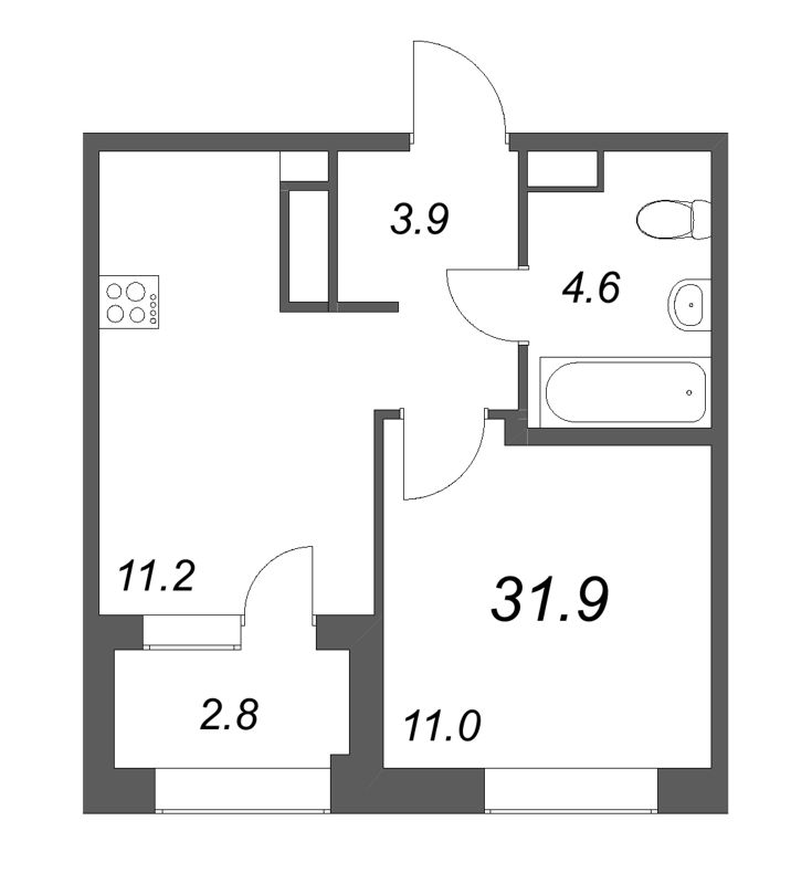 1-комнатная квартира, 31.9 м² в ЖК "Куинджи" - планировка, фото №1