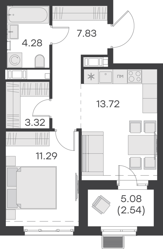 1-комнатная квартира, 42.98 м² - планировка, фото №1