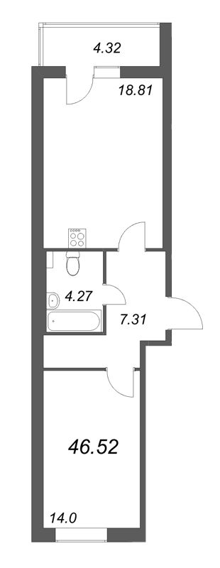 2-комнатная (Евро) квартира, 46.52 м² - планировка, фото №1