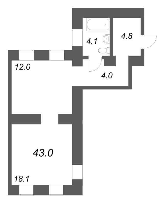 1-комнатная квартира, 43 м² в ЖК "Дом купца Злобина" - планировка, фото №1