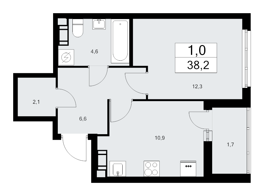 1-комнатная квартира, 38.2 м² - планировка, фото №1