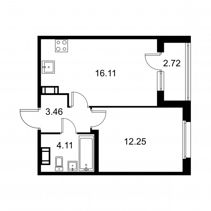 2-комнатная (Евро) квартира, 37.29 м² в ЖК "Квартал Заречье" - планировка, фото №1