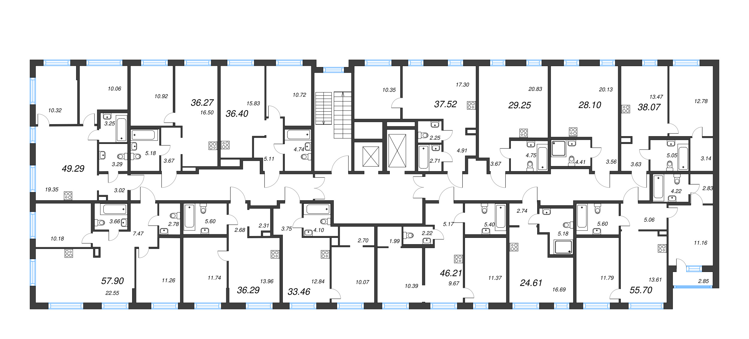 3-комнатная (Евро) квартира, 57.9 м² - планировка этажа