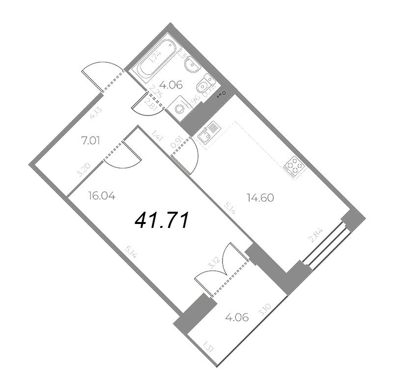 1-комнатная квартира, 43.74 м² - планировка, фото №1