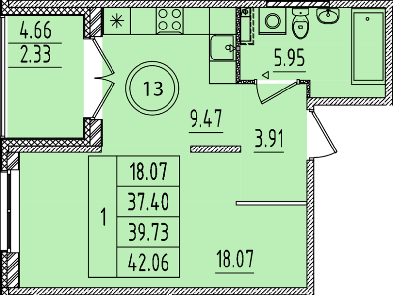1-комнатная квартира, 37.4 м² в ЖК "Образцовый квартал 14" - планировка, фото №1