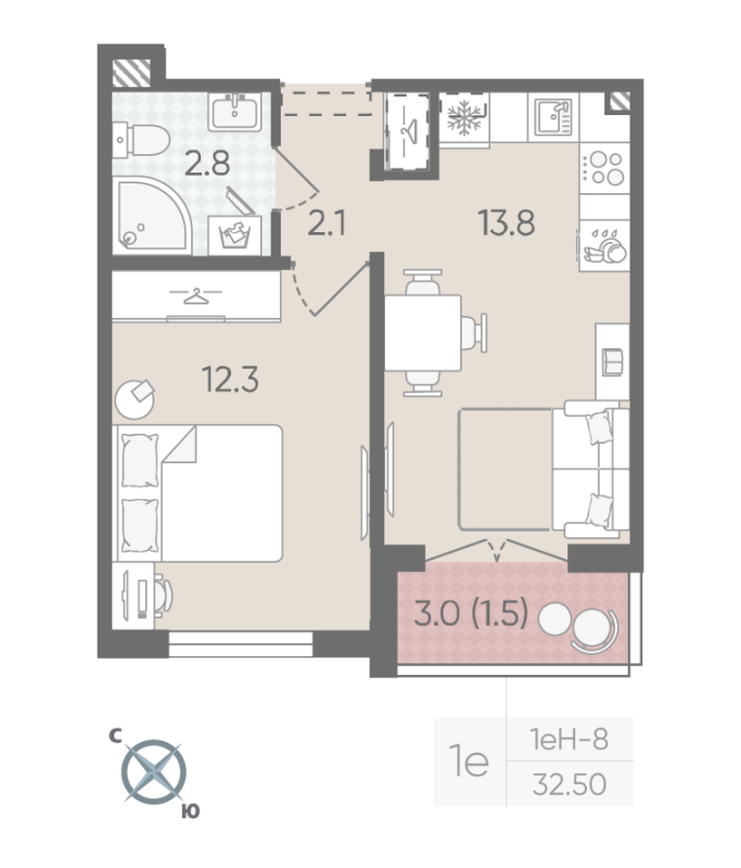 1-комнатная квартира, 32.5 м² в ЖК "Пейзажный квартал" - планировка, фото №1