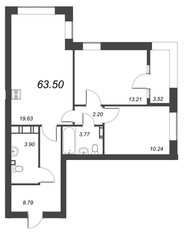3-комнатная (Евро) квартира, 64.5 м² - планировка, фото №1