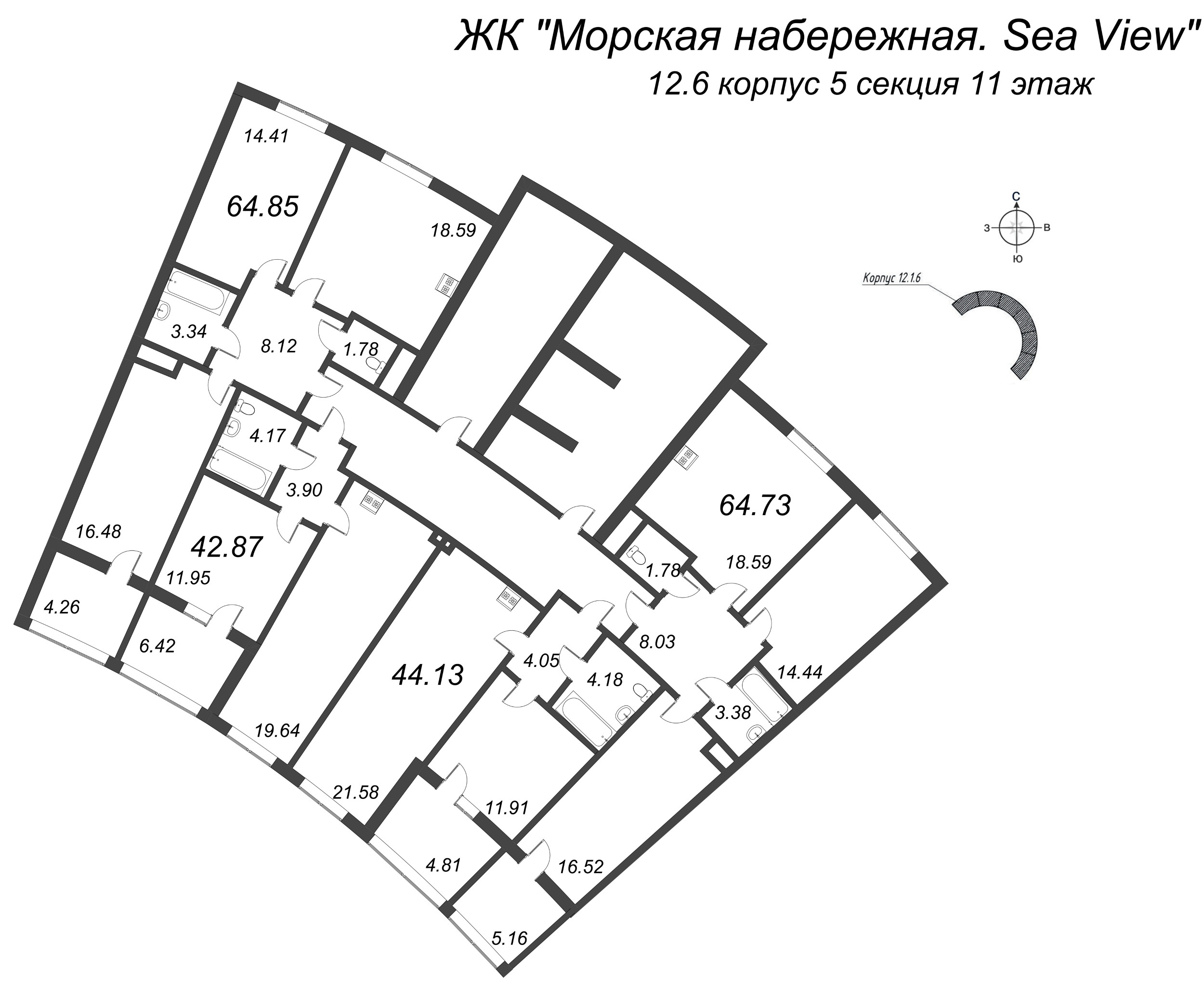3-комнатная (Евро) квартира, 64.85 м² в ЖК "Морская набережная. SeaView" - планировка этажа