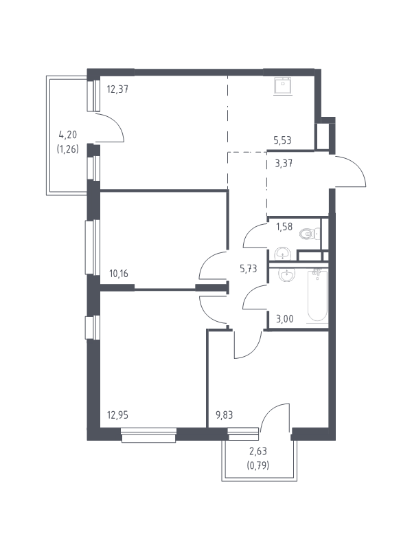 3-комнатная (Евро) квартира, 66.57 м² - планировка, фото №1