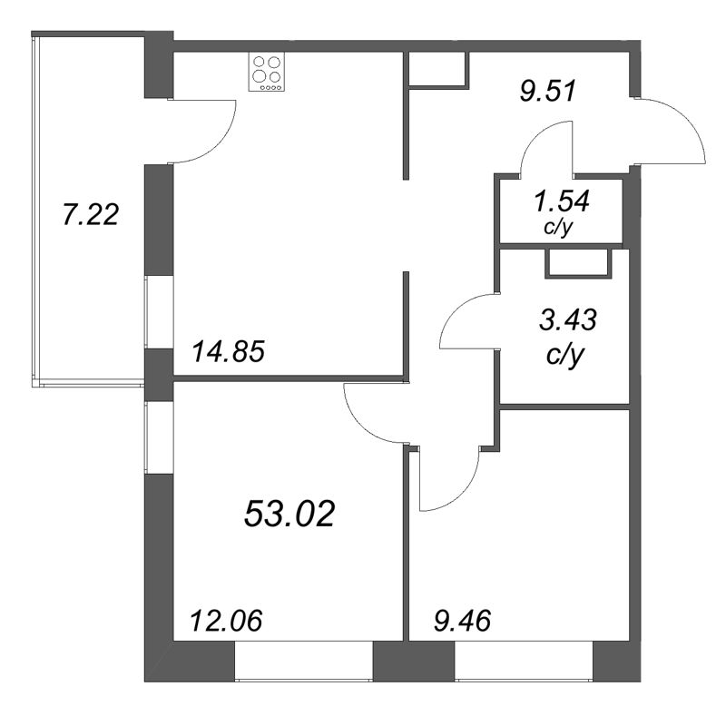2-комнатная квартира, 53.02 м² в ЖК "Уютный" - планировка, фото №1