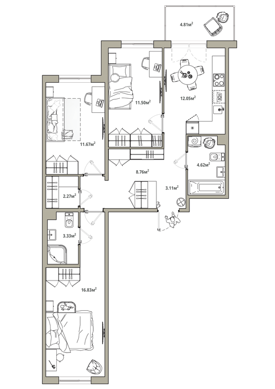 3-комнатная квартира, 75.58 м² в ЖК "Тишин" - планировка, фото №1
