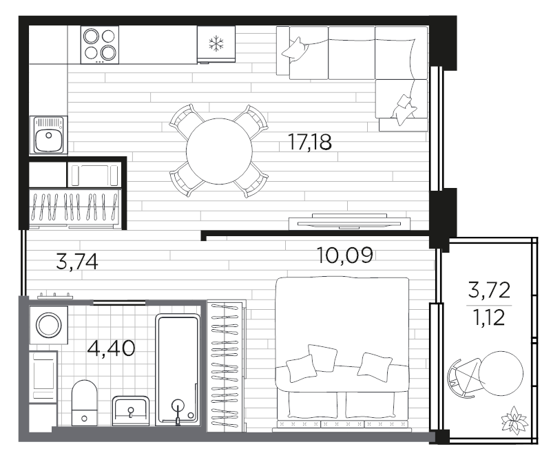 2-комнатная (Евро) квартира, 36.53 м² в ЖК "PLUS Пулковский" - планировка, фото №1