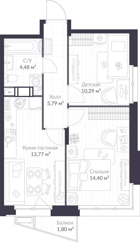 2-комнатная квартира, 49.27 м² в ЖК "VEREN NORT сертолово" - планировка, фото №1