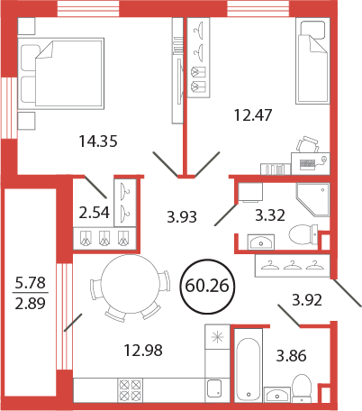 2-комнатная квартира, 60.26 м² - планировка, фото №1